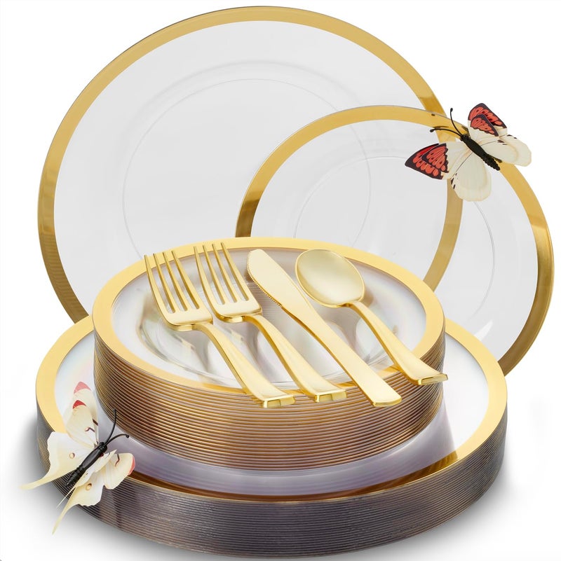 By Madee HEAVYWEIGHT 150 Pc Clear and Gold Plastic Plates - Nice Disposable Plates and Cutlery Set - Perfect for Wedding  Birthday  Mother's Day - Gift of 3d Butterflies for Table Decor (25 Guests) - Image 1