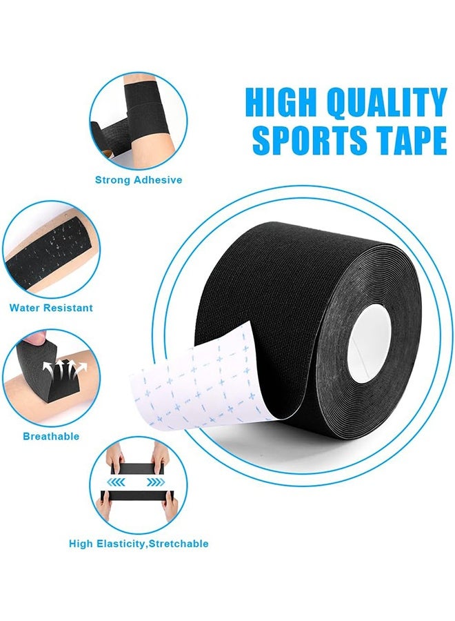 2 لفة من شريط الحركة المقاوم للماء والقابل للتنفس، وسادة ركبة مرنة رياضية لتخفيف آلام العضلات، شريط الركبة للصالة الرياضية واللياقة البدنية والجري والتنس والسباحة (أسود) - Image 3