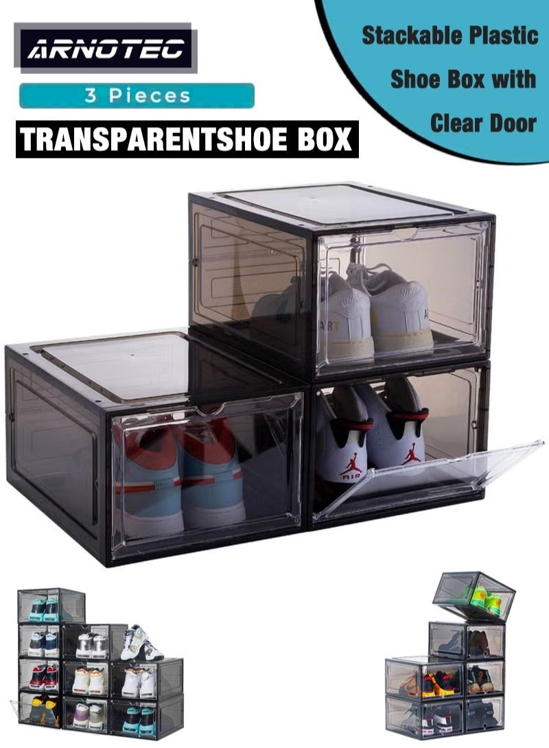 ARNOTEC صندوق أحذية بواجهة قابلة للفتح، مجموعة من 3، صندوق أحذية بلاستيكي قابل للتكديس مع باب شفاف، كصندوق تخزين أحذية وصندوق أحذية شفاف، لعرض الأحذية الرياضية، سهل التجميع، يناسب حتى مقاس 12 أمريكي - Image 2