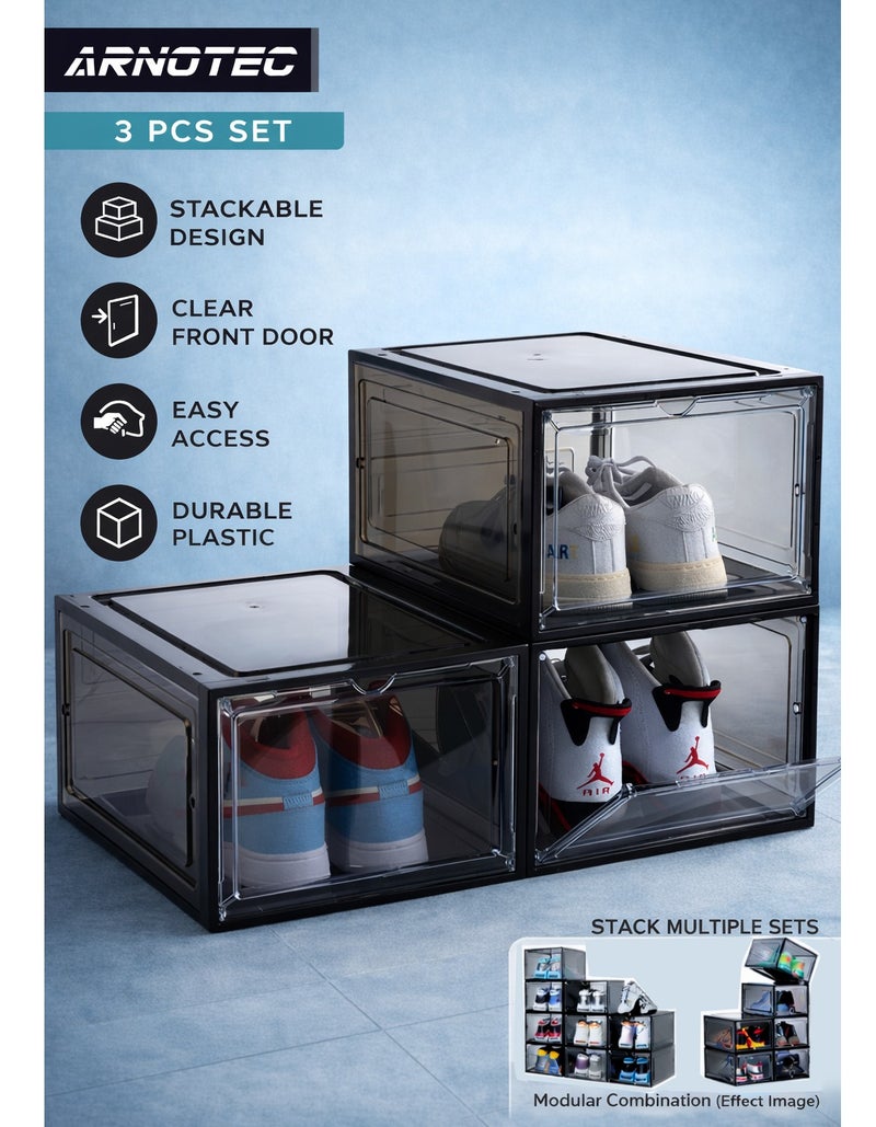 ARNOTEC صندوق أحذية بواجهة قابلة للفتح، مجموعة من 3، صندوق أحذية بلاستيكي قابل للتكديس مع باب شفاف، كصندوق تخزين أحذية وصندوق أحذية شفاف، لعرض الأحذية الرياضية، سهل التجميع، يناسب حتى مقاس 12 أمريكي - Image 1