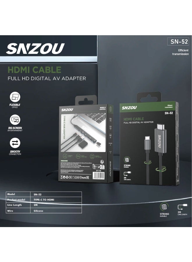 SNZOU HDConnect Type-C to HDMI Cable (2M) SN-52 - Black - Image 2