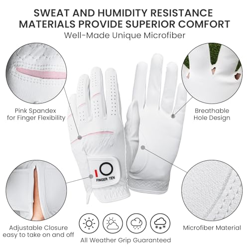 FINGER TEN Womens Ladies Golf Rain Gloves Pair Both Hand or 2 Pack Left Right Hand, Wet Hot Cool Grip, Fit Small Medium Large XL (White, Large, Ambidextrous) - Image 2