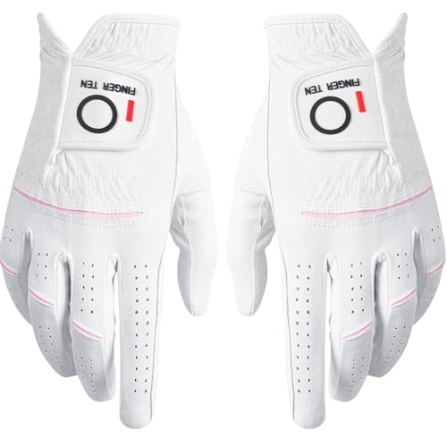 FINGER TEN Womens Ladies Golf Rain Gloves Pair Both Hand or 2 Pack Left Right Hand, Wet Hot Cool Grip, Fit Small Medium Large XL (White, Large, Ambidextrous) - Image 1
