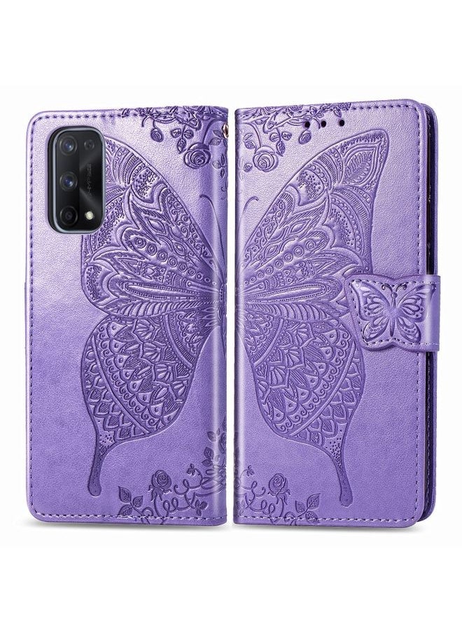 HuHa Case Cover For Realme X7 Pro Butterfly Love Flower Embossed Horizontal Flip Leather Case with Bracket / Card Slot / Wallet / Lanyard Light Purple 