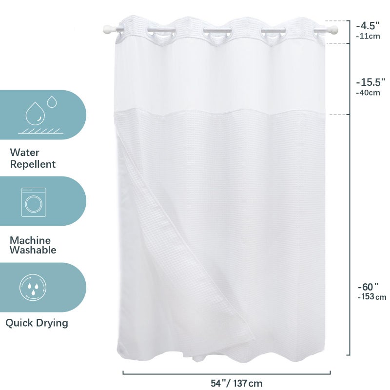 VIUOON No Hook Shower Curtain Set with Snap in Fabric Liner  250GSM Waffle Weave White Hotel Grade Bath Shower Curtain - See Through Top Window  Waterproof & Washable  54W x 80H - Image 4