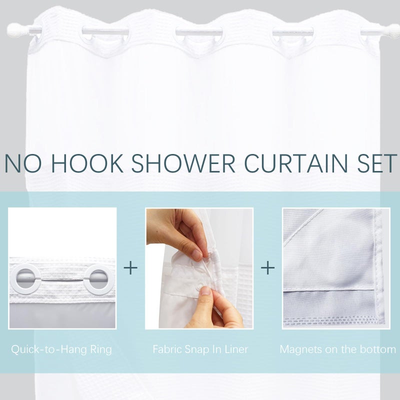 VIUOON No Hook Shower Curtain Set with Snap in Fabric Liner  250GSM Waffle Weave White Hotel Grade Bath Shower Curtain - See Through Top Window  Waterproof & Washable  54W x 80H - Image 3