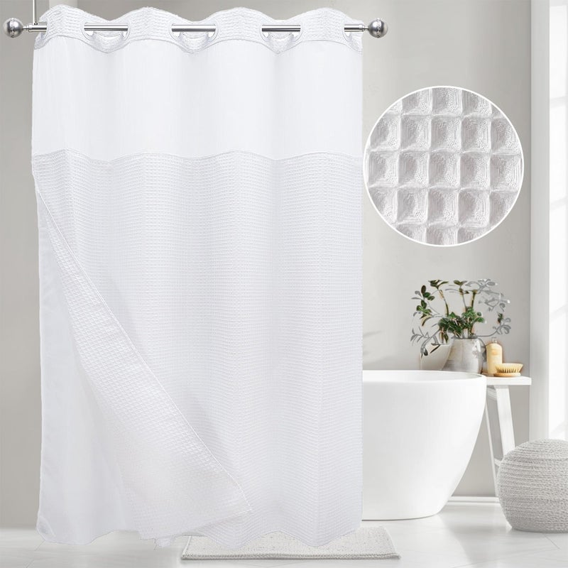 VIUOON No Hook Shower Curtain Set with Snap in Fabric Liner  250GSM Waffle Weave White Hotel Grade Bath Shower Curtain - See Through Top Window  Waterproof & Washable  54W x 80H - Image 1