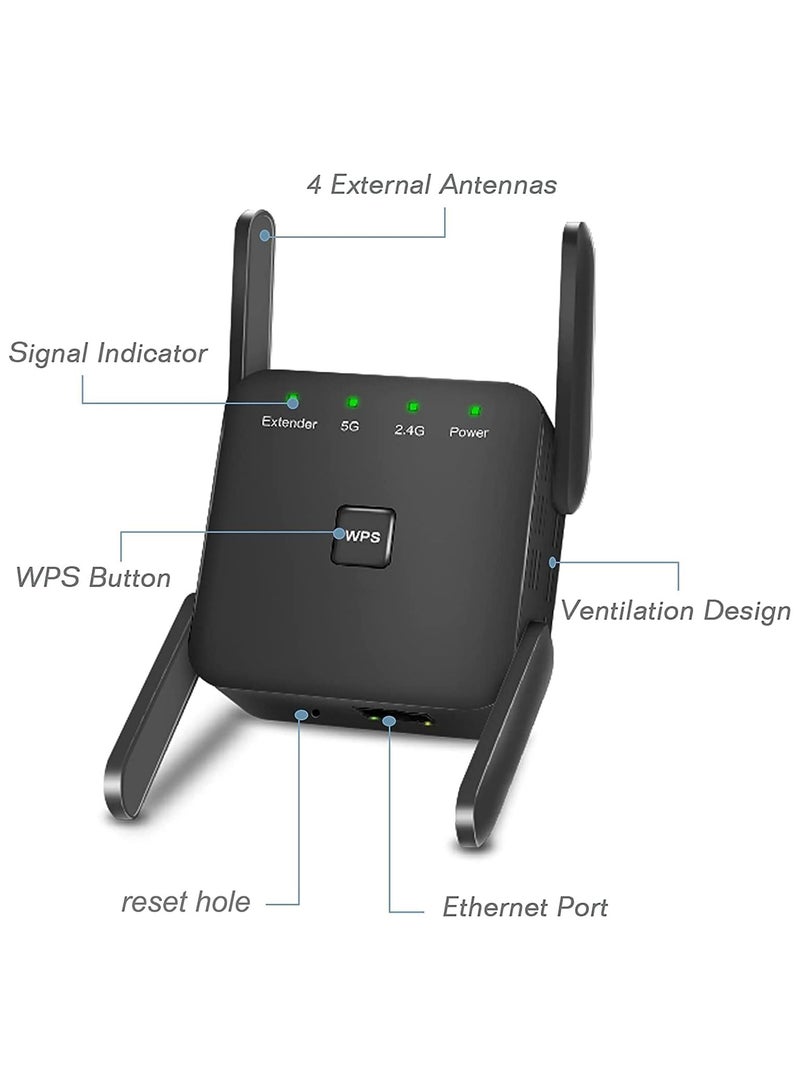 1200Mbps Dual Frequency 2.4G/5G Wireless Repeater WiFi  Range Extender for Home Office Black