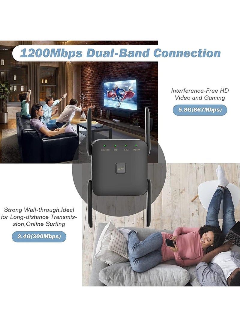 1200Mbps Dual Frequency 2.4G/5G Wireless Repeater WiFi  Range Extender for Home Office Black