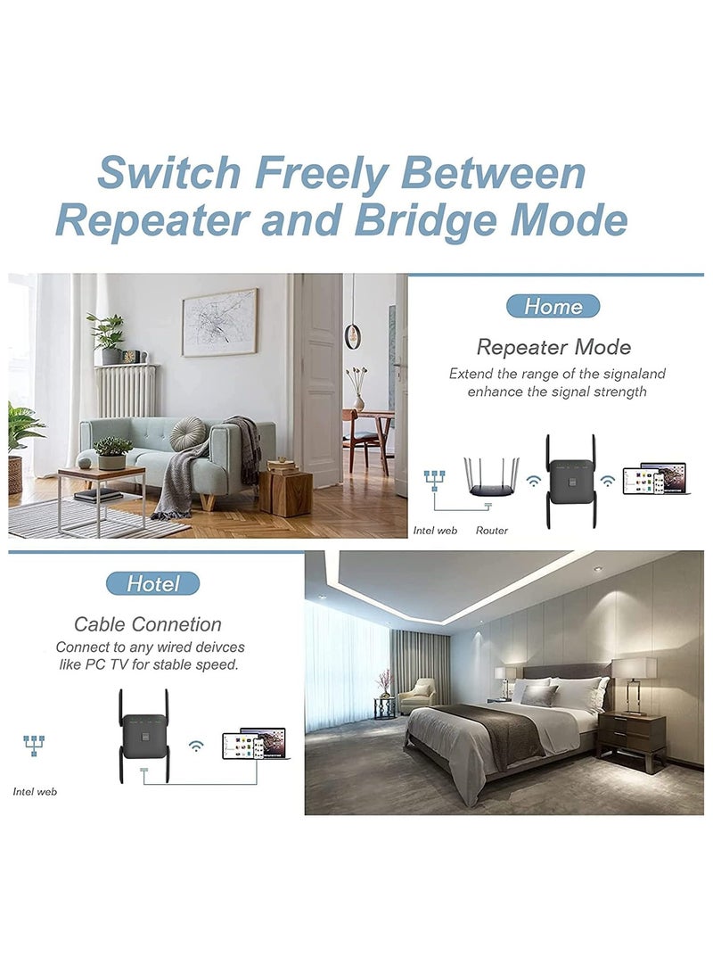 1200Mbps Dual Frequency 2.4G/5G Wireless Repeater WiFi  Range Extender for Home Office Black
