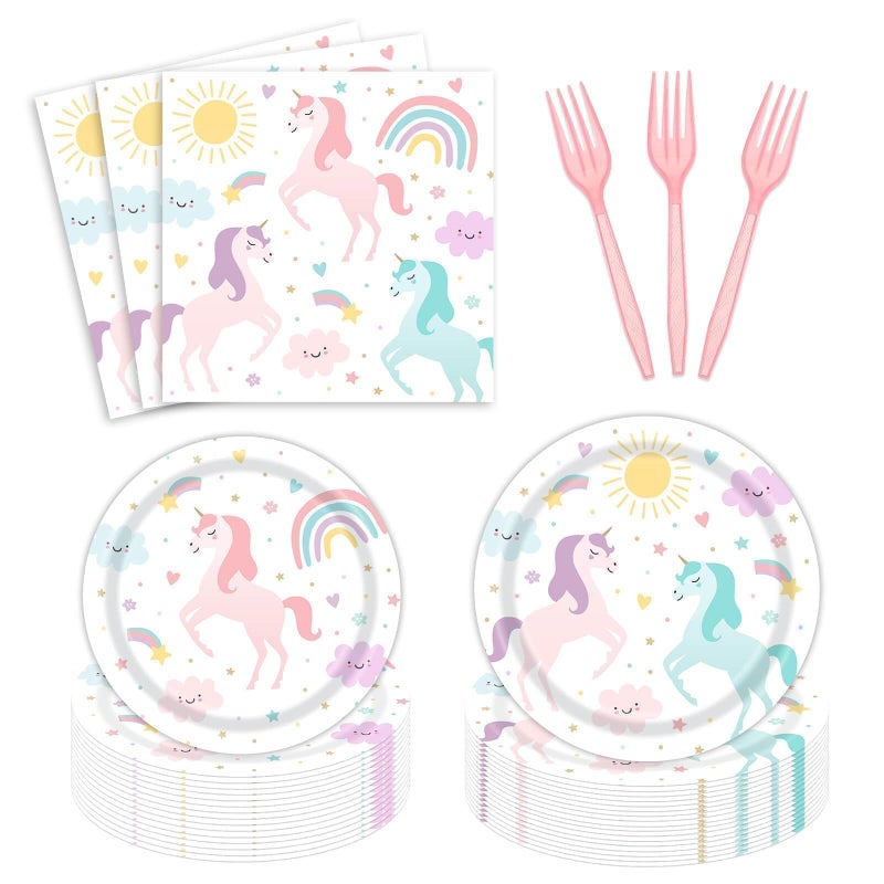 96PCS Magical Pastel Unicorn Paper Plates Napkins Rainbow Unicorn Party Decorations Unicorn Happy Birthday Tableware Set Serves 24 Guests Birthday Party Favors for Girl