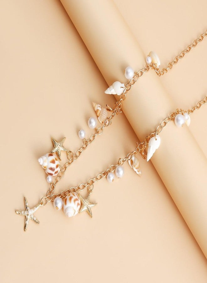 ANGLEQUEEN Gold Pearl Waist Chains Seashell Starfish Chains for Women Bobh Sea Shell Beach Body Chain Mermaid Waist Chain Summer Beach Vacation Body Jewelry Accessorie (B-Gold) - Image 5