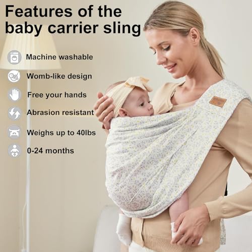 vrbabies Baby Sling Carrier Newborn, Adjustable Easy Wearing Baby Nursing Warp Sling, New Mom Dad Soft Cotton Baby Front Holder Carrier for Infant Toddler Life Travel Essential Gifts (Yellow Flower) - Image 2