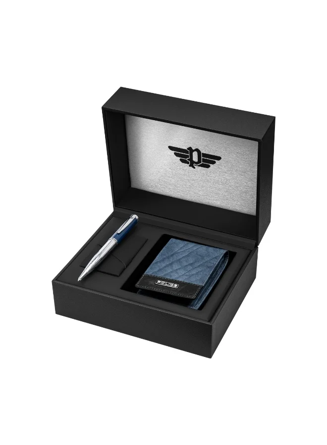 POLICE Men’s Gift Set with Blue-Black Leather Bifold Wallet & Blue-Silver Stainless Steel Pen