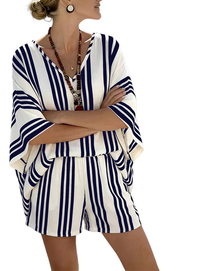 Random Print Random Trim V-Neck Vacation Style Elegant Casual Loose Top And Shorts Women's Set - Image 1