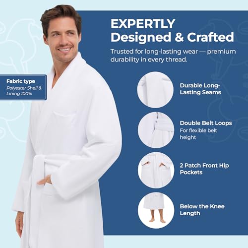 MONARCH Plush Lined Microfiber Bath Robe for Men or Women – Soft Microfiber Shell with Polyester Lining, Generously Sized Resort-Grade Spa & Hotel Robe with Pockets - Machine Washable (White) - Image 4