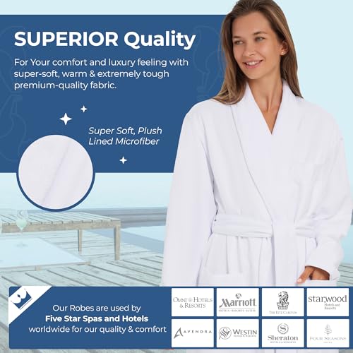 MONARCH Plush Lined Microfiber Bath Robe for Men or Women – Soft Microfiber Shell with Polyester Lining, Generously Sized Resort-Grade Spa & Hotel Robe with Pockets - Machine Washable (White) - Image 3