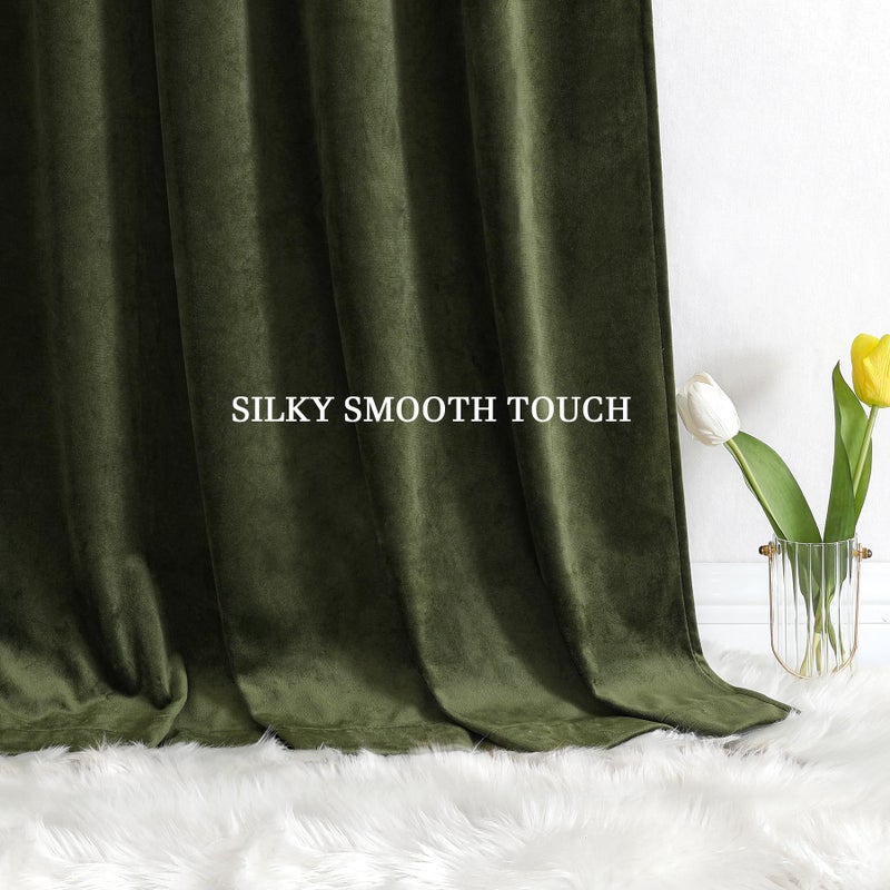Dchola Olive Green Velvet Curtains for Bedroom Window  Super Soft Vintage Luxury Heavy Drapes  Room Darkening Rod Pocket Curtain for Living Room  W52 by L63 inches  2 Panels - Image 3