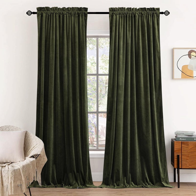 Dchola Olive Green Velvet Curtains for Bedroom Window  Super Soft Vintage Luxury Heavy Drapes  Room Darkening Rod Pocket Curtain for Living Room  W52 by L63 inches  2 Panels - Image 1