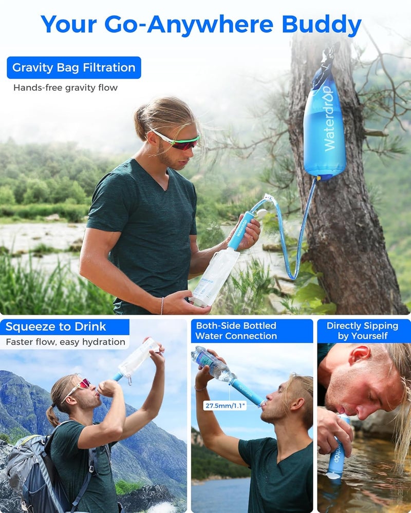 Waterdrop Gravity Water Filter Straw, Camping Water Filtration System, Water Purifier Survival for Travel, Backpacking and Emergency Preparedness, 1.5 gal Bag, 5 Stage Filtration, Pack of 1 - Image 4