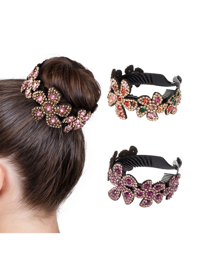 ISKYBOB 2 Pieces Rhinestone Flower Ponytail Holder Twist Bun Shaper Women Hair Grips Claw Wine Red+Multicolored - Image 1