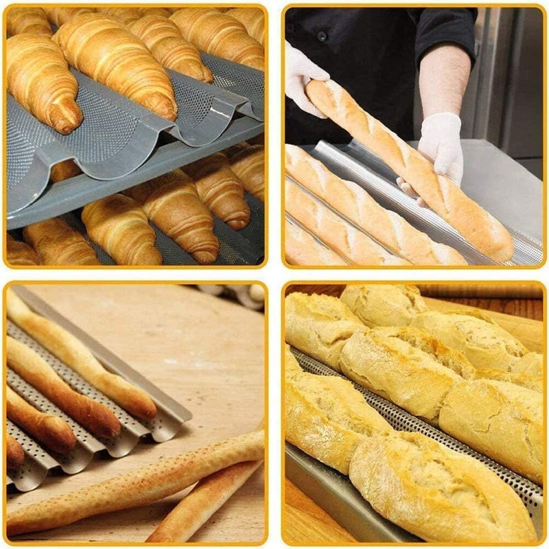 Delfino Perforated Baguette Baking Tray Non Stick French Stick Baking Moulds Pan Non-Stick Perforated French Bread Pan Baguette Mould for Baking 4 Loaves Wave Baker (Silver) - Image 5