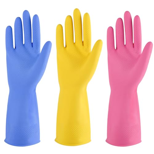 IUCGE Rubber cleaning gloves multicolor 3 Pairs for Household,Reuseable dishwashing gloves for Kitchen.(3,XL) - Image 1