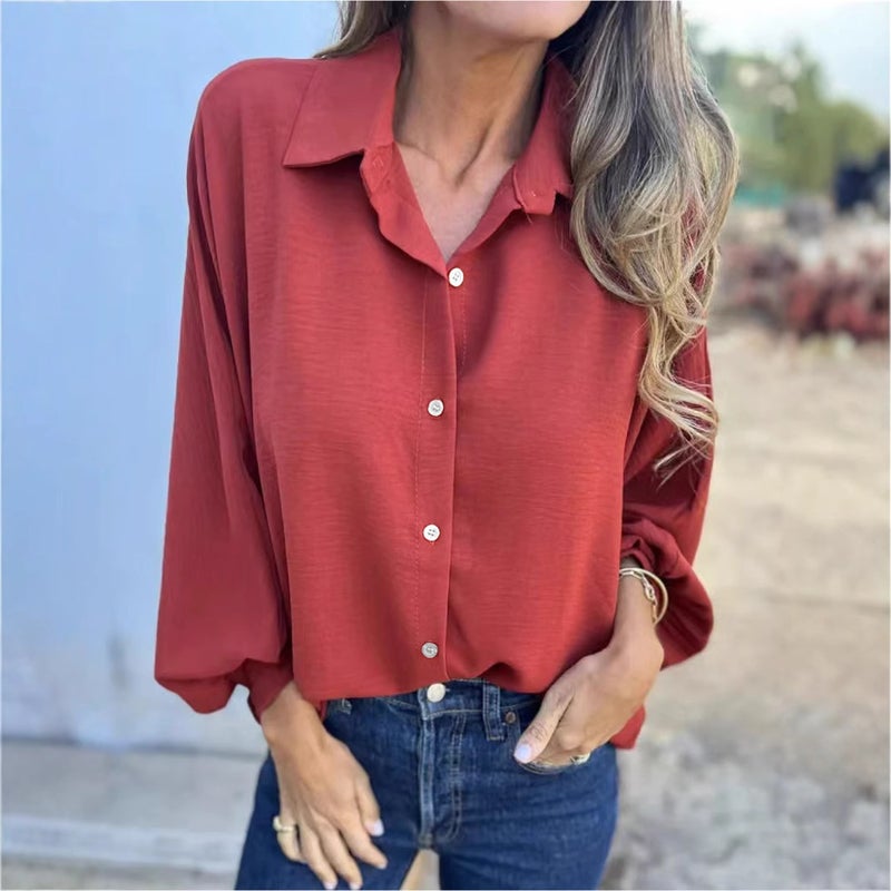 بلوزة نسائية بأكمام طويلة وياقة مع أزرار - Image 2