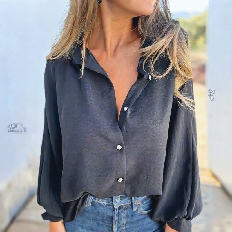 بلوزة نسائية بأكمام طويلة وياقة مع أزرار - Image 4