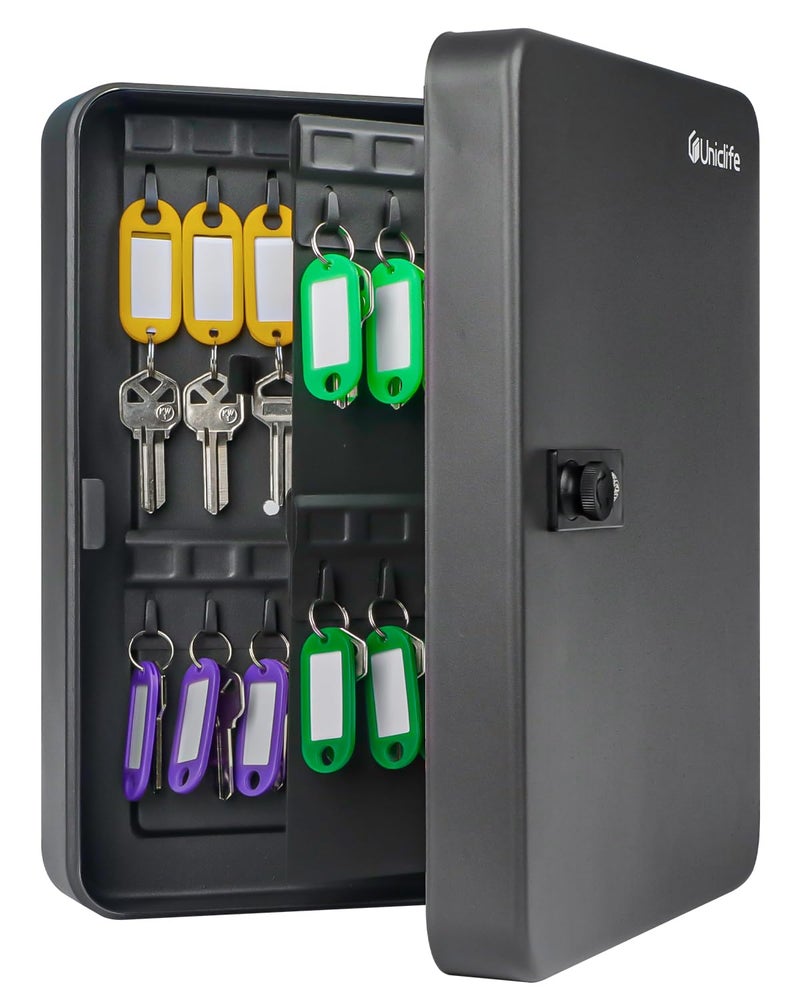 Uniclife 60 Position Key Cabinet with Combination Lock Resettable Black Digital Security Storage Box Steel Key Organizer with Colorful Key Tag Labels Stickers and Hooks - Image 1