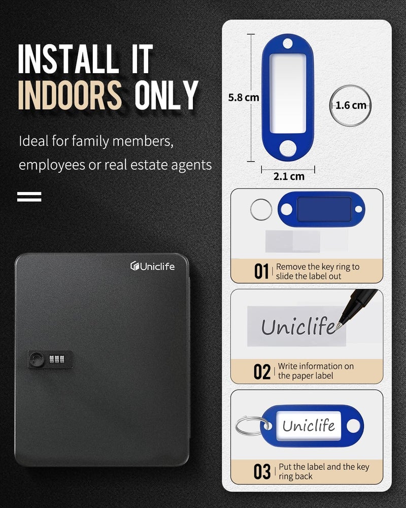 Uniclife 60 Position Key Cabinet with Combination Lock Resettable Black Digital Security Storage Box Steel Key Organizer with Colorful Key Tag Labels Stickers and Hooks - Image 3
