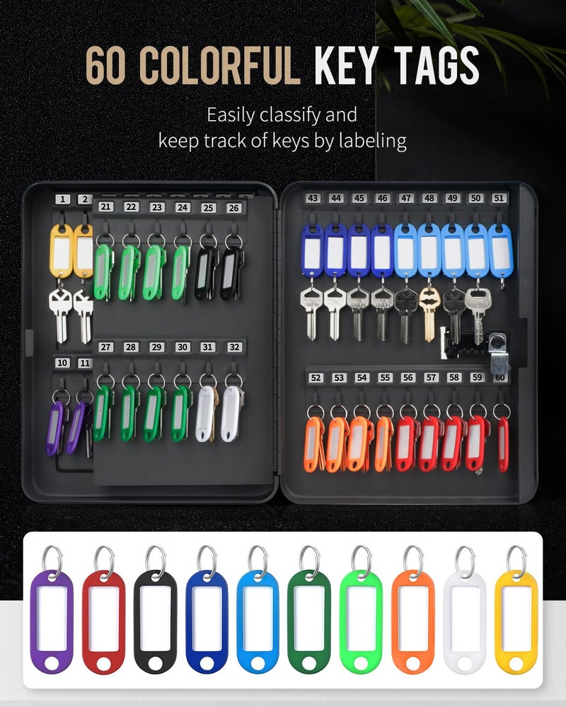 Uniclife 60 Position Key Cabinet with Combination Lock Resettable Black Digital Security Storage Box Steel Key Organizer with Colorful Key Tag Labels Stickers and Hooks - Image 2