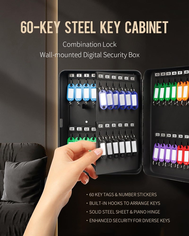 Uniclife 60 Position Key Cabinet with Combination Lock Resettable Black Digital Security Storage Box Steel Key Organizer with Colorful Key Tag Labels Stickers and Hooks - Image 4