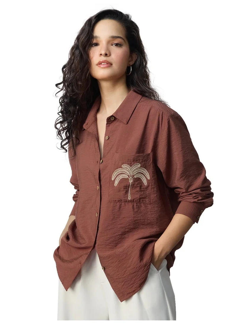 The Souled Store Textured Line: Bliss Women and Girls Full Sleeves Spread Collar Textured Viscose Polyamide Regular Fit Lightweight Embroidered Pocket Summer-Ready Shirt for Casual Wear