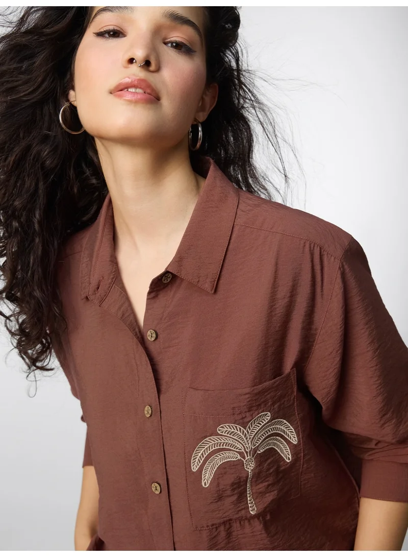 The Souled Store  The Souled Store Textured Line: Bliss Women and Girls Full Sleeves Spread Collar Textured Viscose Polyamide Regular Fit Lightweight Embroidered Pocket Summer-Ready Shirt for Casual Wear  | Best Price UAE