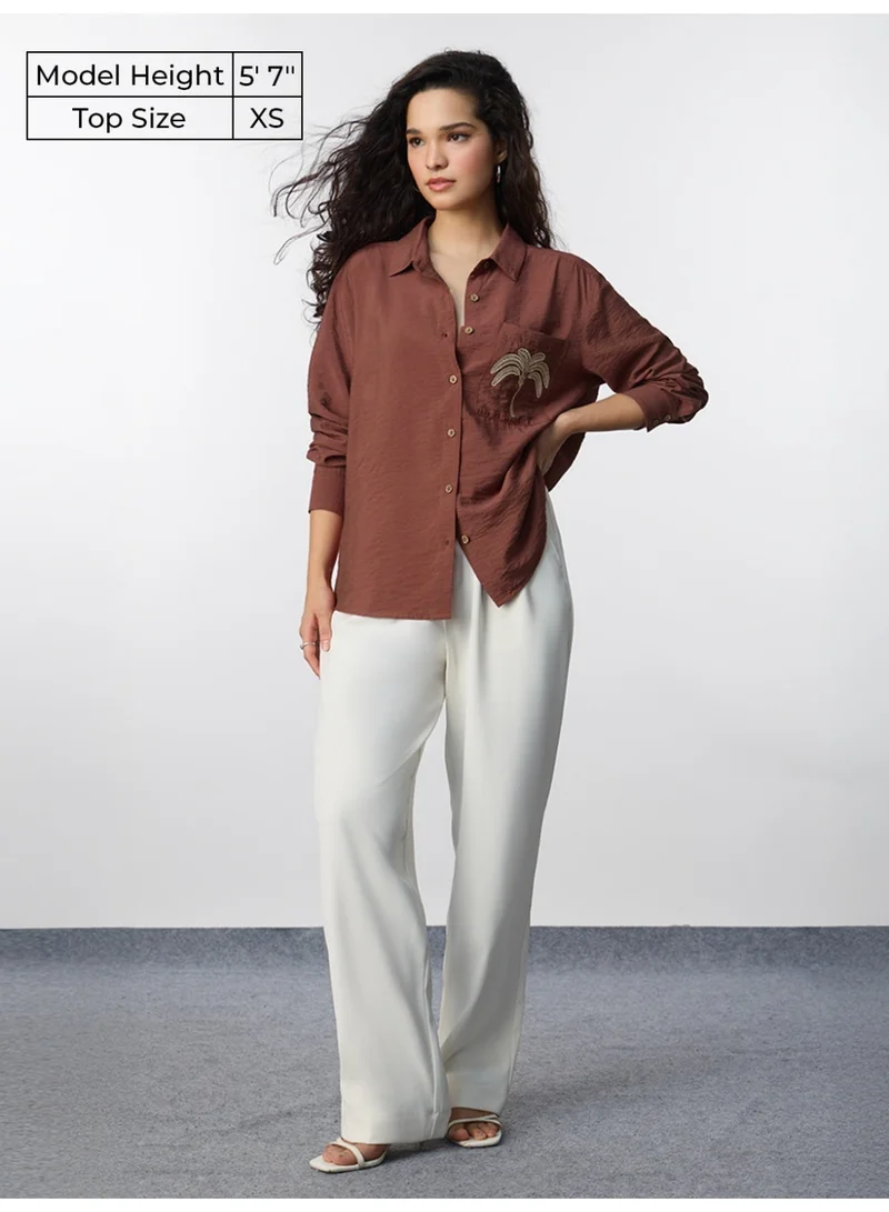 The Souled Store  The Souled Store Textured Line: Bliss Women and Girls Full Sleeves Spread Collar Textured Viscose Polyamide Regular Fit Lightweight Embroidered Pocket Summer-Ready Shirt for Casual Wear  | Best Price UAE