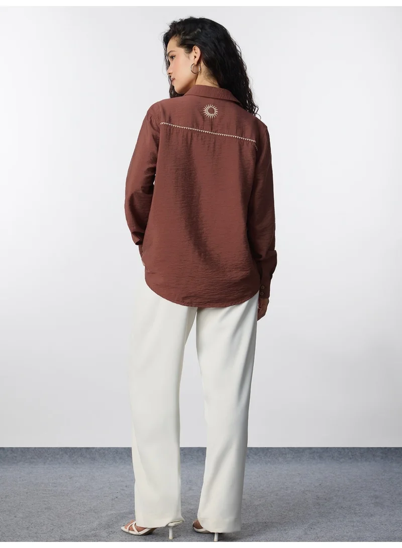 The Souled Store  The Souled Store Textured Line: Bliss Women and Girls Full Sleeves Spread Collar Textured Viscose Polyamide Regular Fit Lightweight Embroidered Pocket Summer-Ready Shirt for Casual Wear  | Best Price UAE