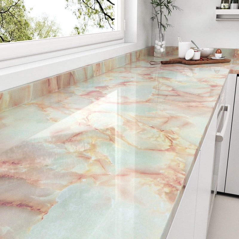 STICKEEP Beige Pink Marble Contact Paper Self Adhesive Rose Gold Marble Wallpaper Peel and Stick Waterproof Coral Granite Contact Paper for Countertops Kitchen Cabinets Drawers Vinyl Wrap 17.7"x120" - Image 1