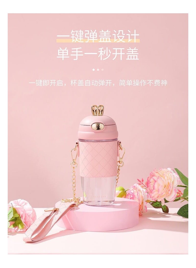 سيوسي Cute Water Bottle with Straw and Strap, Kawaii Rabbit Water Glass, Anti-fall Leakproof Plastic Water Jug, 500ML  (Pink) - Image 3