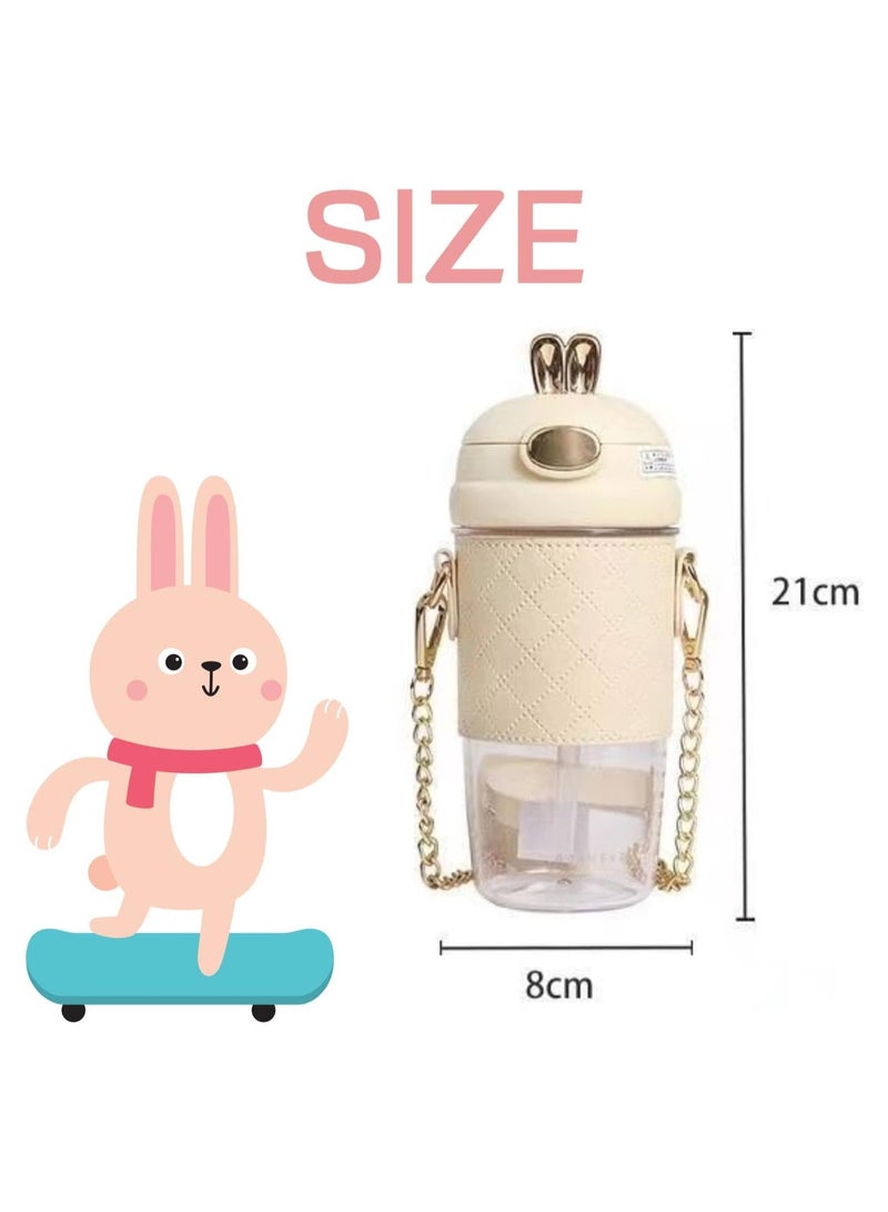 سيوسي Cute Water Bottle with Straw and Strap, Kawaii Rabbit Water Glass, Anti-fall Leakproof Plastic Water Jug, 500ML  (Pink) - Image 4