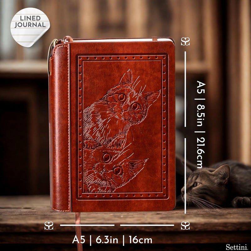 SETTINI ® Lined Journal - Cat Journal for Writing Gift Set - Hardcover Vegan Leather, Includes Luxury Pen in a Unique Pen Holder, 192 Pages, A5, Journal for Women - Image 3