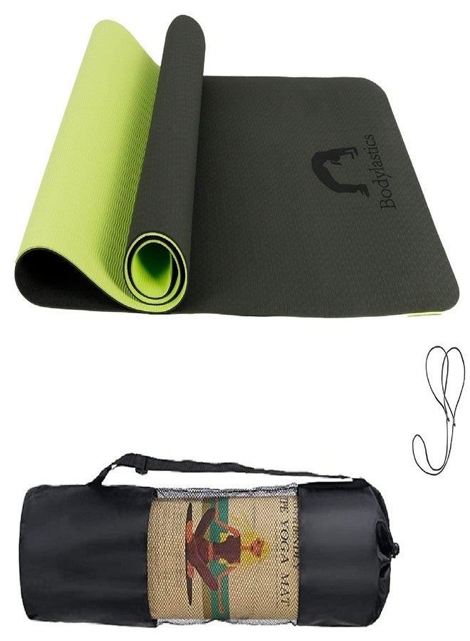 Bodylastics Yoga Mat for Men and Women with Carry Bag TPE 6ft x 2ft x 6mm Large Size Anti Slip & Anti Tear Workout Mat (Black/Green) - Image 1