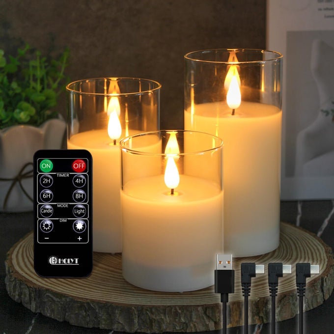 RECHARGEABLE FLAMELESS GLASS PILLAR CANDLESGIFTS FOR WOMENSET OF 3 REALISTIC FLICKERING LED LIGHTREMOTE TIMER USBRECHARGEABLE IDEAL FOR LIVING ROOM BEDROOM HOLIDAY DCOR