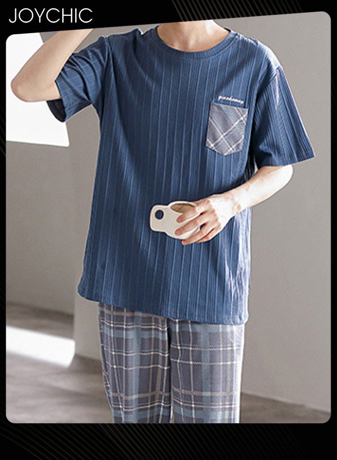 NIBEMINENT Men's Spring and Summer Pure Cotton Home Loungewear Short-sleeved Lattice Trousers Suit Youth Comfty Breathable Pullover Pajamas Set with High Stretch - Image 2