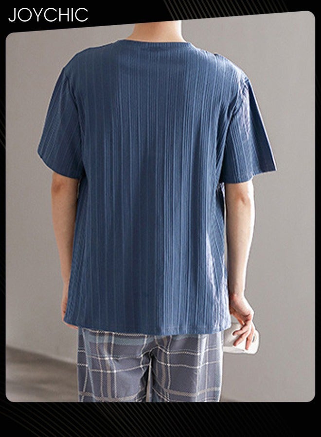 NIBEMINENT Men's Spring and Summer Pure Cotton Home Loungewear Short-sleeved Lattice Trousers Suit Youth Comfty Breathable Pullover Pajamas Set with High Stretch - Image 3