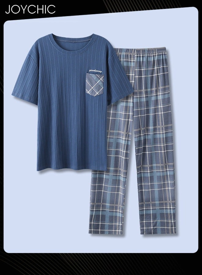 NIBEMINENT Men's Spring and Summer Pure Cotton Home Loungewear Short-sleeved Lattice Trousers Suit Youth Comfty Breathable Pullover Pajamas Set with High Stretch - Image 4