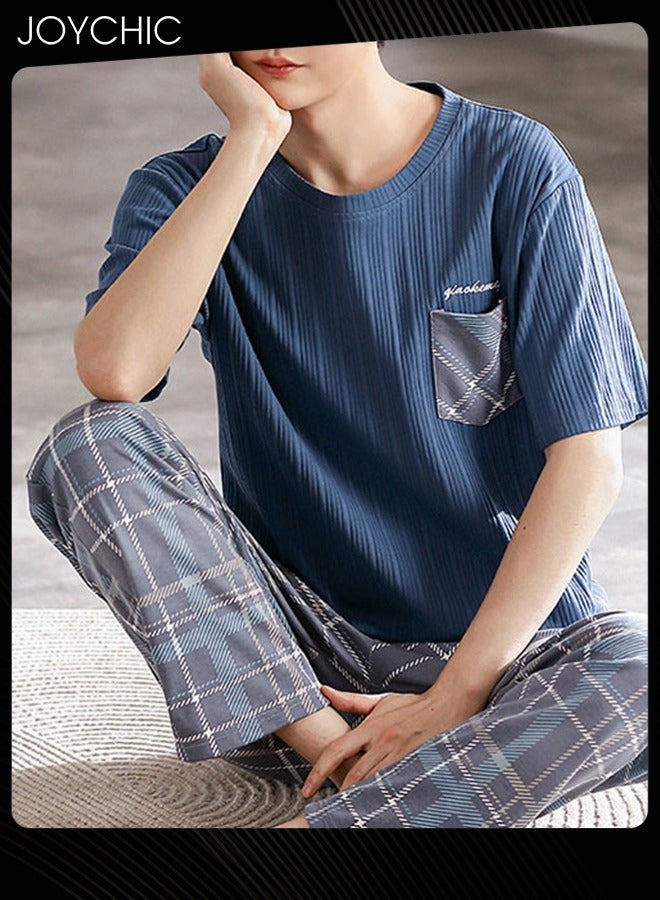 NIBEMINENT Men's Spring and Summer Pure Cotton Home Loungewear Short-sleeved Lattice Trousers Suit Youth Comfty Breathable Pullover Pajamas Set with High Stretch - Image 1
