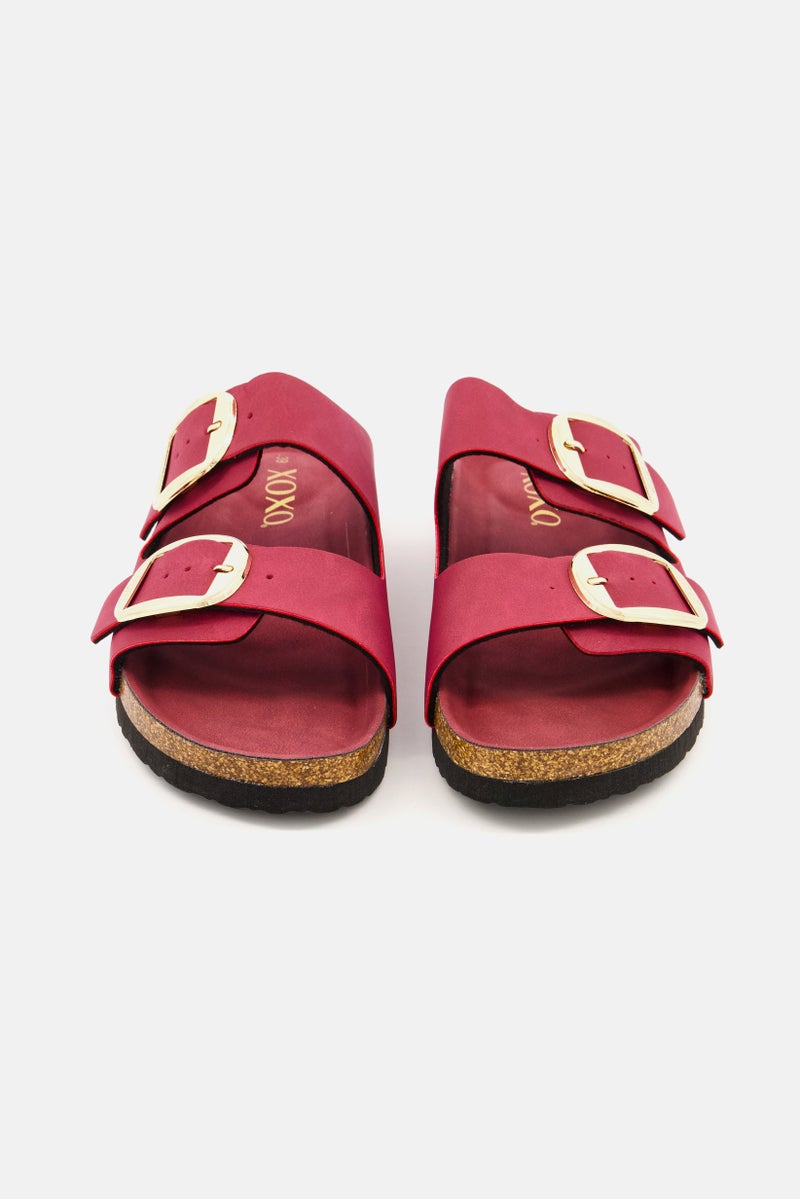 XOXO Women Big Buckle Slip On Slide Slipper, Maroon - Image 4