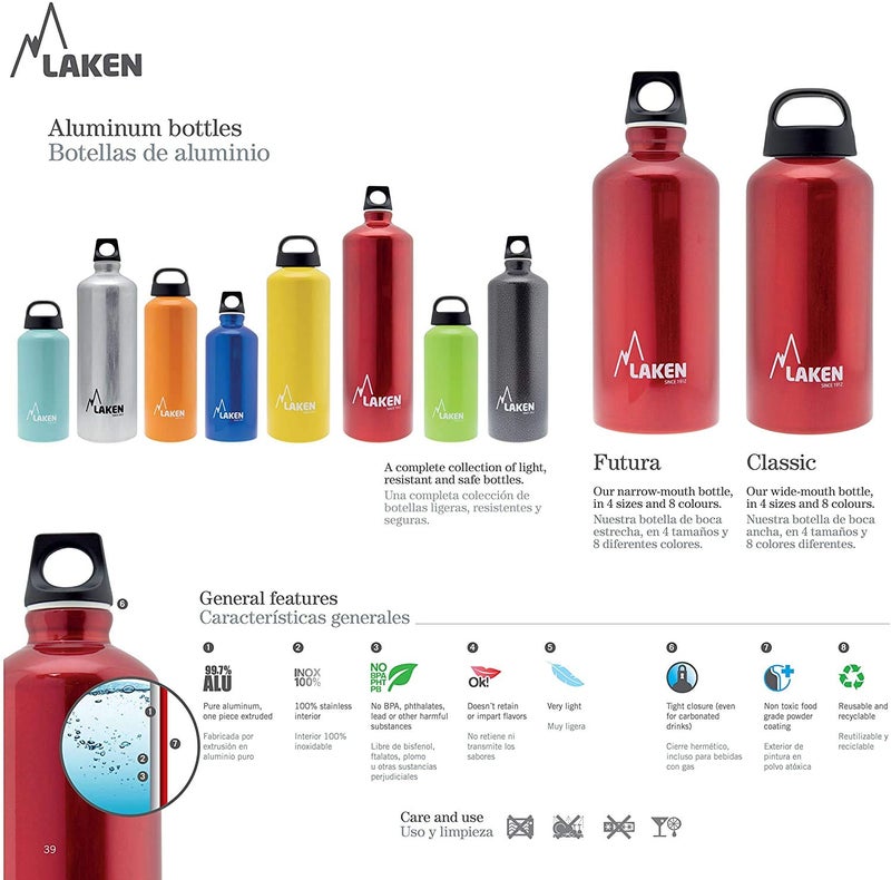 Laken Futura Aluminum Water Bottle - Narrow Mouth, Screw Cap with Loop - Leak-Proof, BPA Free, Made in Spain - 50 oz, Blue - Image 2