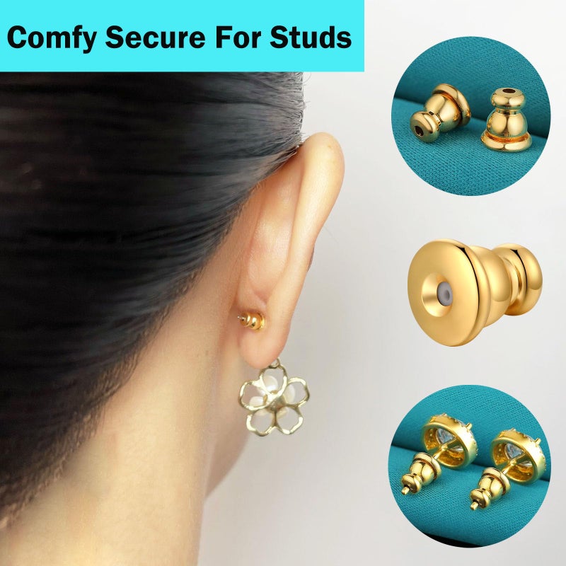 Catinee Earring Backs, Hypoallergenic 14k Gold Bullet Earring Backs Replacements for Studs/Droopy Ears, Secure Locking Backing for Sensitive Ears (Gold 3pairs) - Image 2
